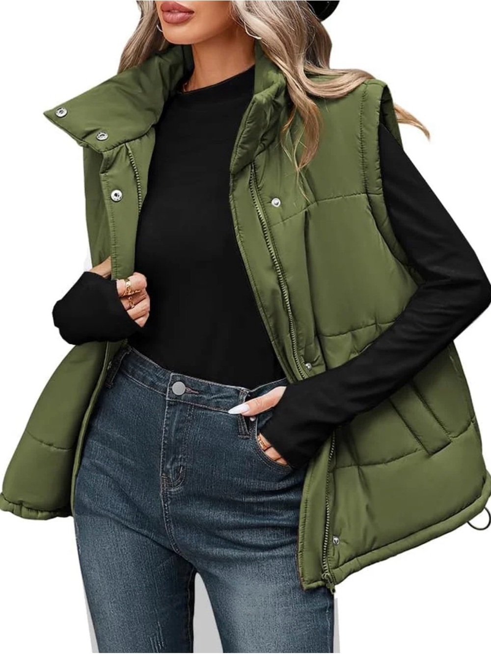 Olive Green Puffer Vest Jacket - Women